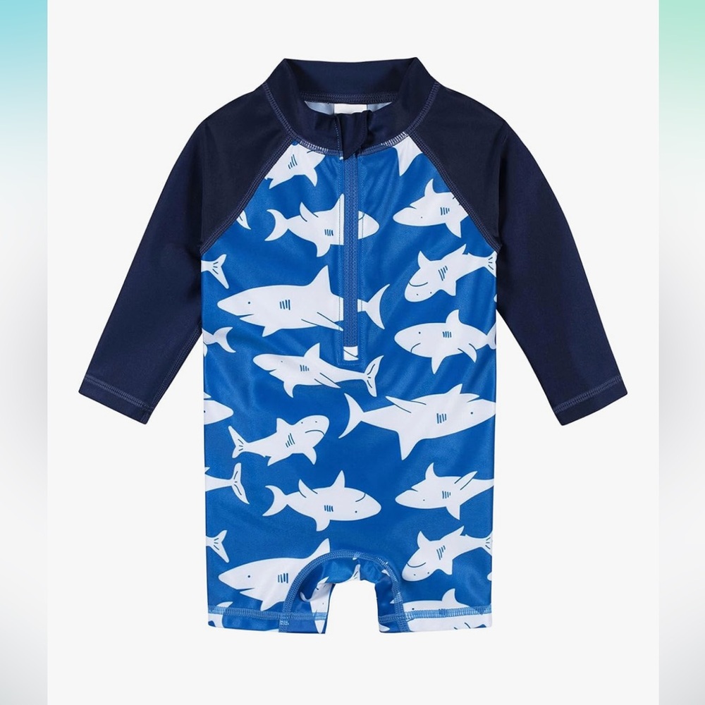 Gerber Baby Boys Blue Shark Print Rashguard, One Piece w/ Zipper, 12 Months